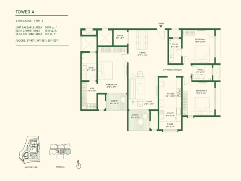 3 BHK Type D - Floor Plan